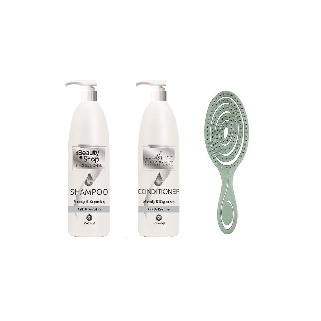 ​Σετ Μετάξι Κερατίνη Σαμπουάν & Conditioner 1lt & Βούρτσα GO BIO (GREEN)