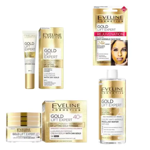 Πακέτο Αντιγήρανσης Eveline Gold Lift Expert 4τμχ (Κρέμα Προσώπου 50ml + Κρέμα Ματιών 15ml + Μάσκα + Micellar Water 500ml)